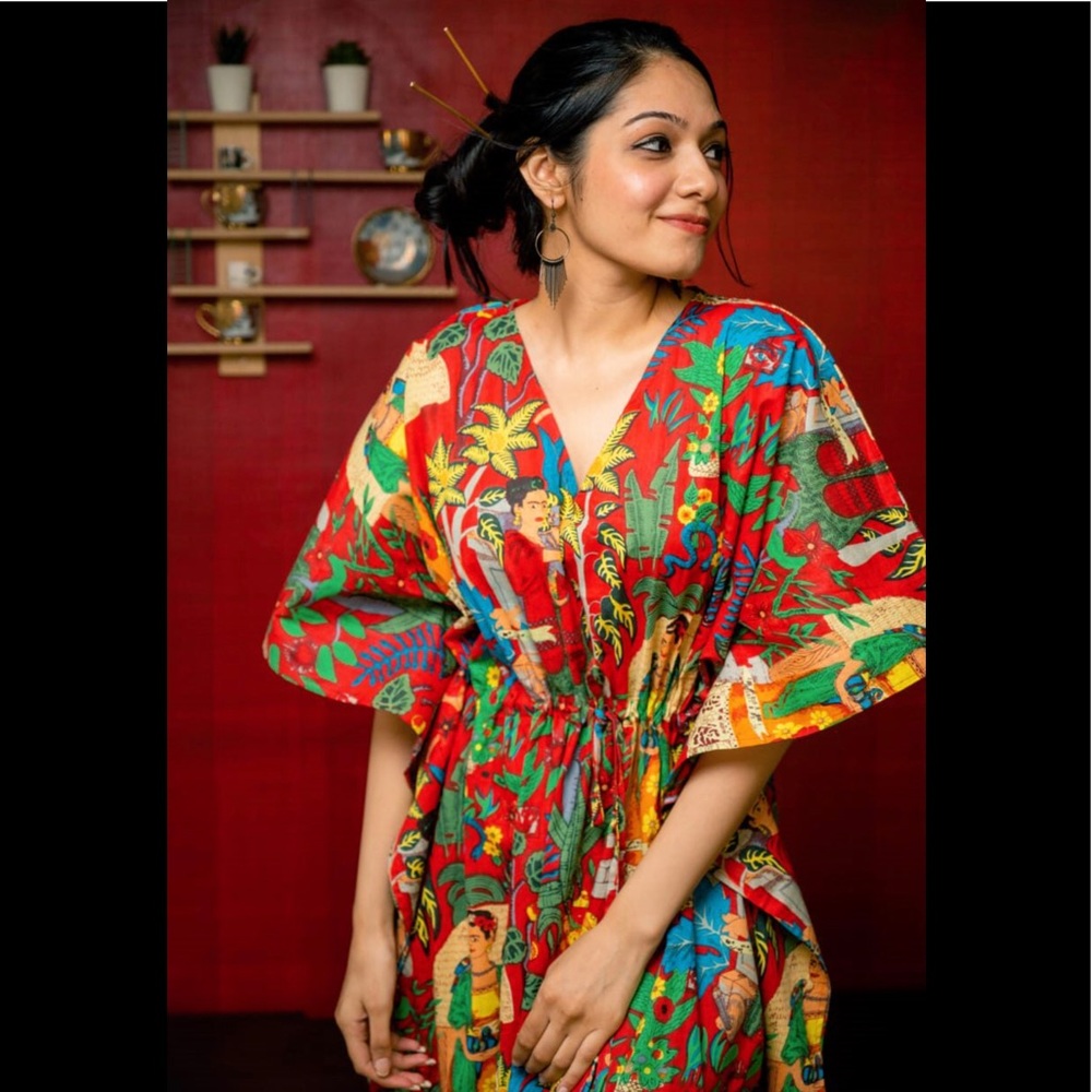 BRAND NEW Frida Kahlo Kaftan Beach Cover-Up Woman's Cotton Long Kaftan